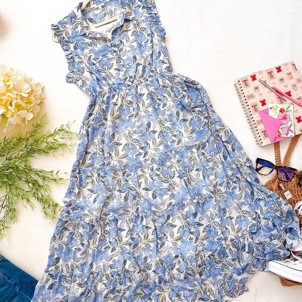 Blue floral ruffle sleeveless dress