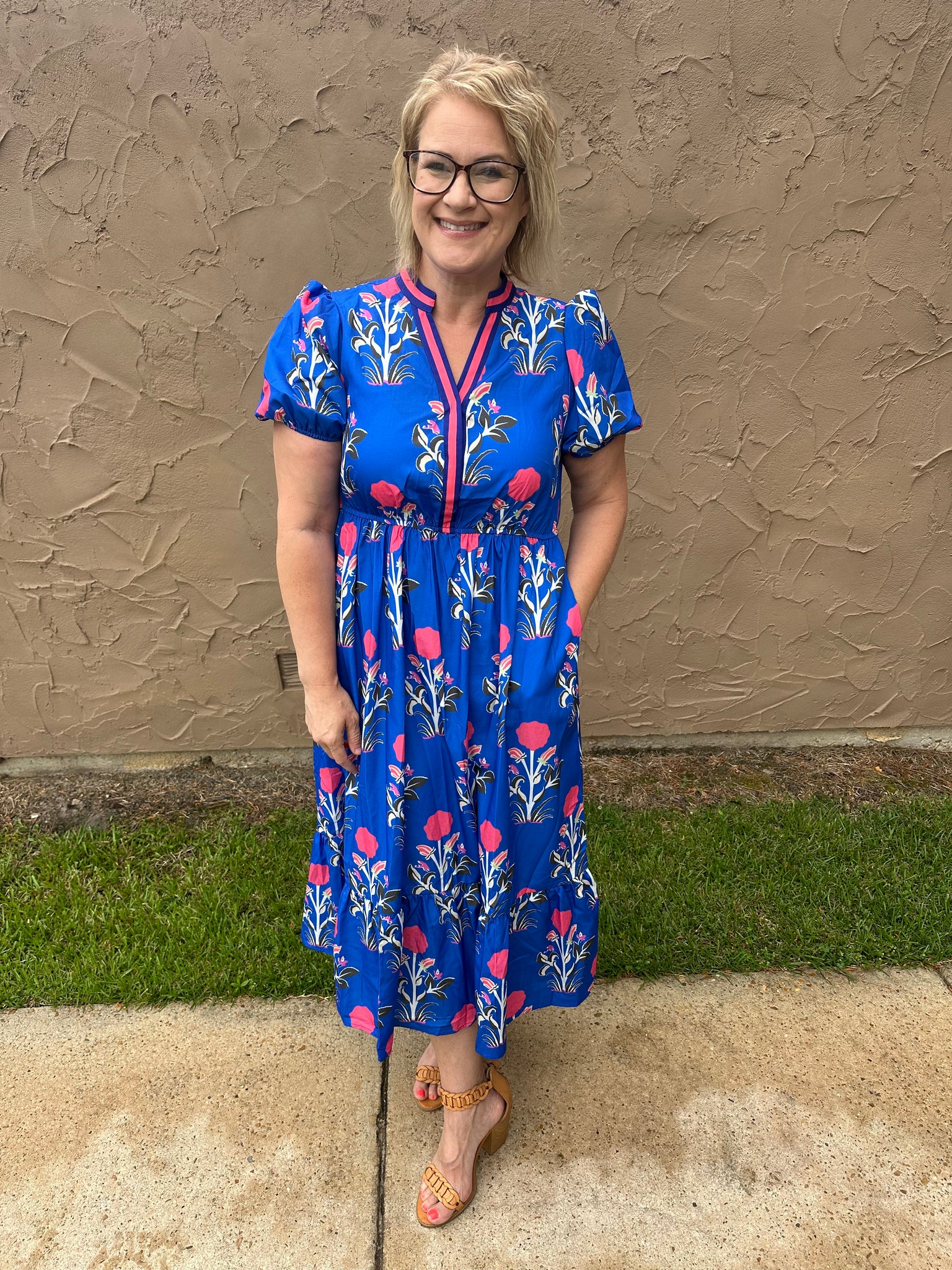 Sky blue floral puff sleeve maxi dress