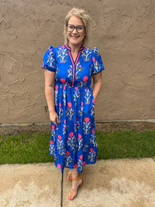 Sky blue floral puff sleeve maxi dress