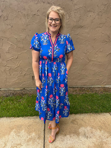 Sky blue floral puff sleeve maxi dress
