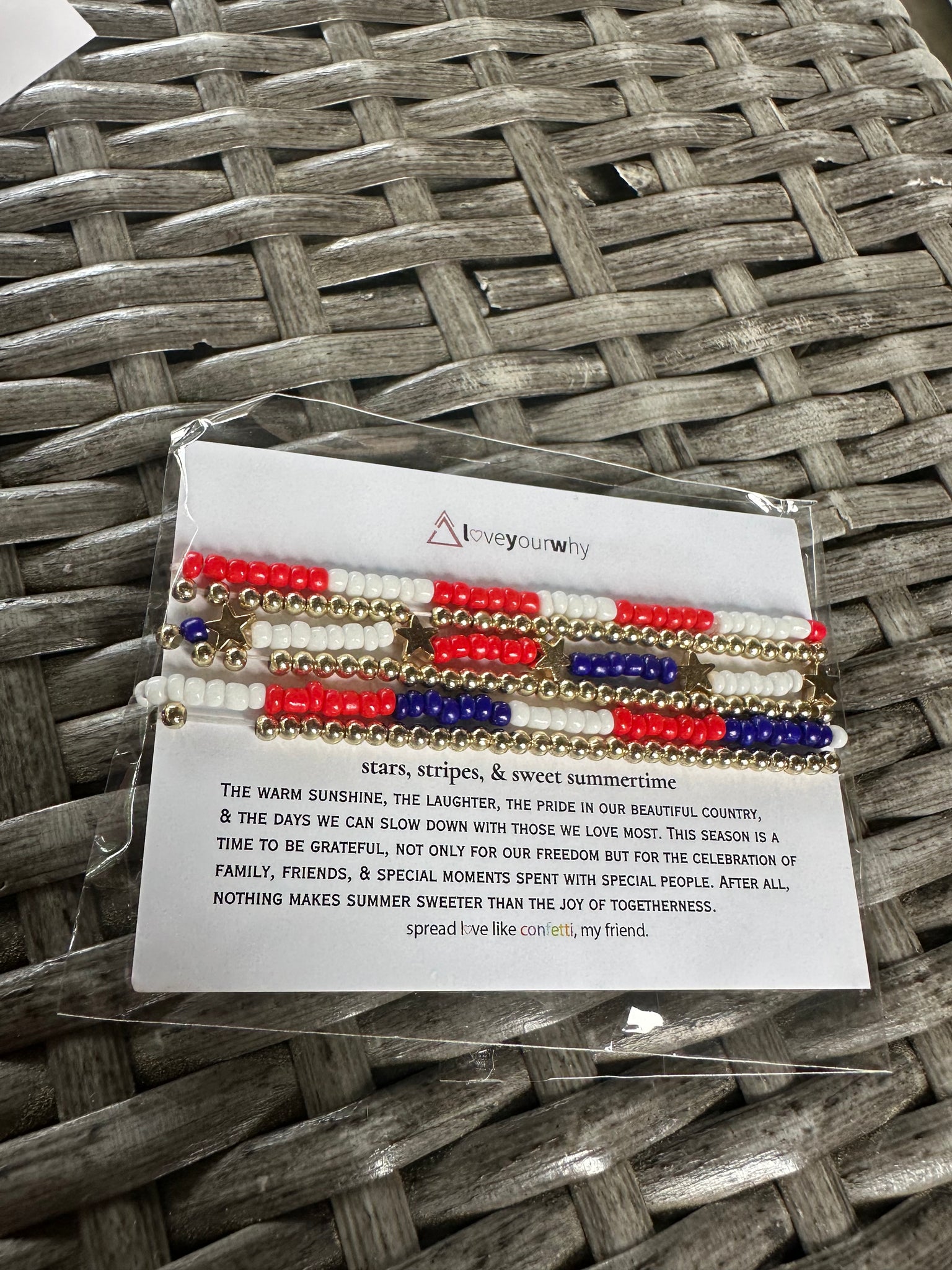 Stacking beaded patriotic bracelet