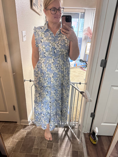 Blue floral ruffle sleeveless dress