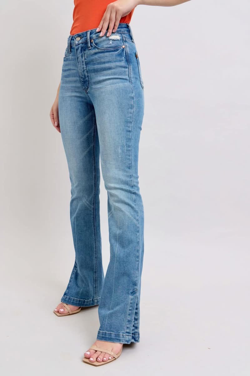 HW tummy control vintage wash side slit slim bootcut Judy blue