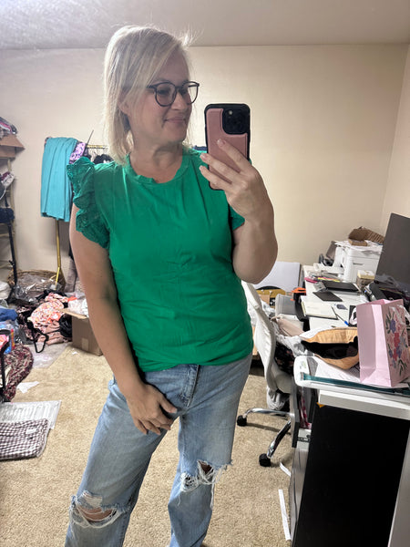 Green eyelet flutter sleeve