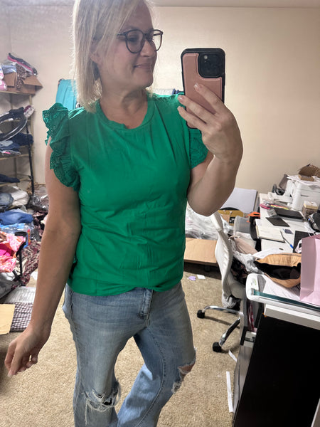 Green eyelet flutter sleeve