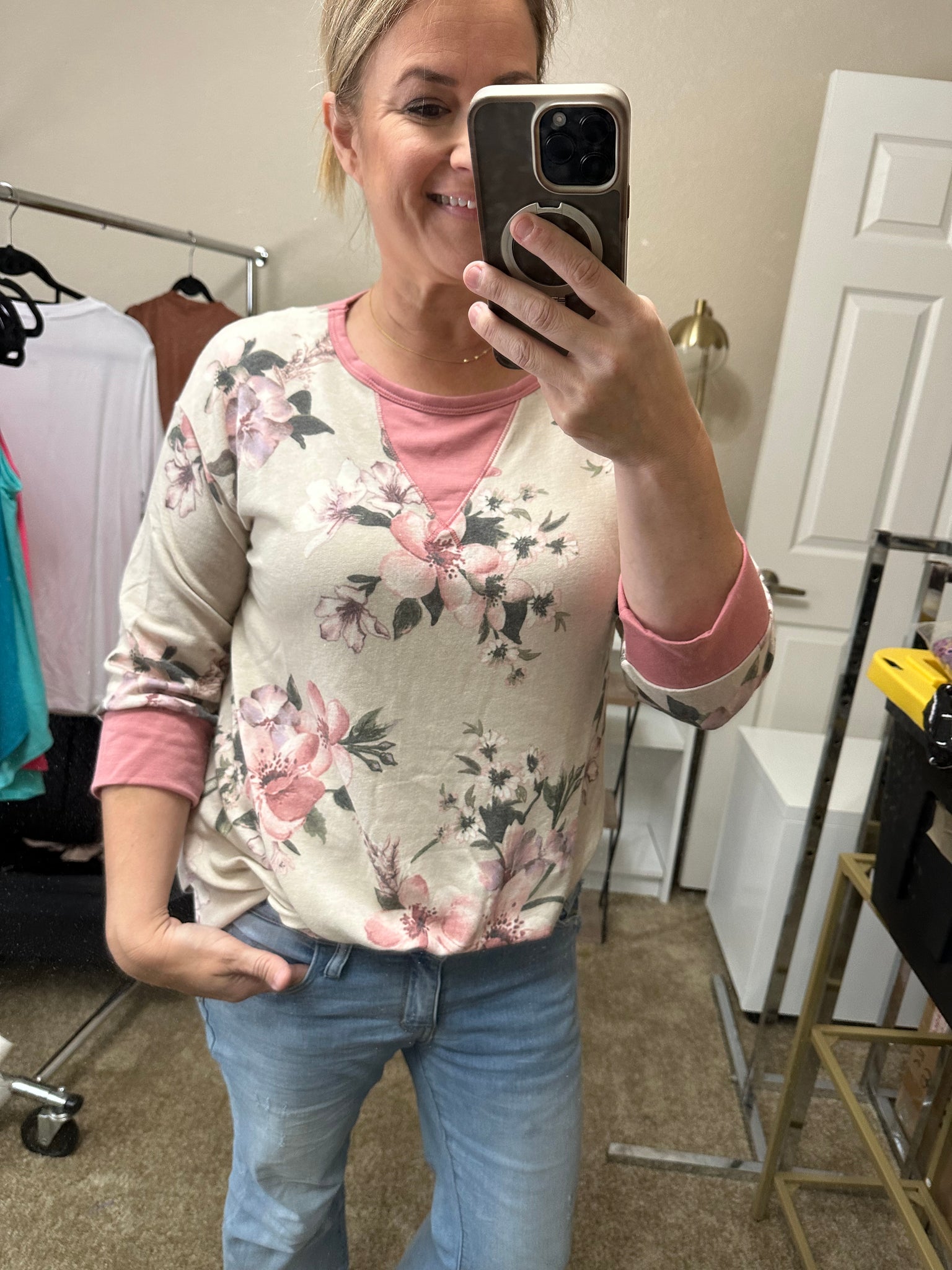 French terry Raglan sleeve floral top